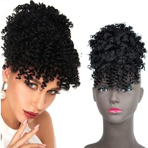 Short Afro Kinky Curly High Puff Drawstring Ponytail With Bangs Wig Wrap Synthetic Clip in Hair Extension clip in bangs
