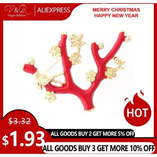 Red Enamel Pin with Tree Life Bird Flower Crystal Brooch 2019 New Trendy Jewelry For Women Christmas Brooch Pin Family Tree Pin