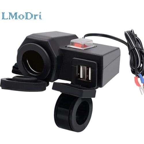 LMoDri Dual USB Power Port Motorcycle Waterproof Lighter Charger With Bracket For 22cm 25mm Handlebar