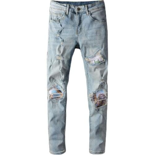 New mens male trousers fashion casual light blue Street Tide Brand Retro Distressed Hole Jeans Patches Stretch Slim denim Pants