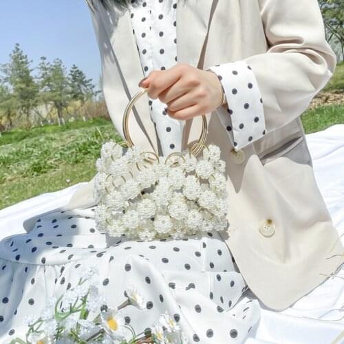 Fashion New Handmade Woven Shoulder Pearl Bag In Buckets Ladies Vintage Evening Party Acrylic Beaded Plastic Handbag Knitting