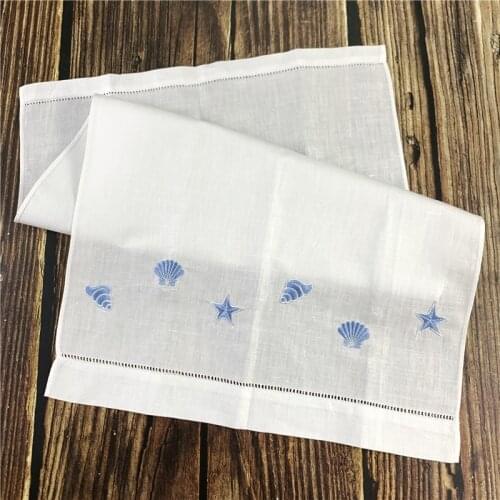 Guest Towels Linen Hemstitched Tea Towel -14"x22"Cloth Guest Hand Dish Kitchen Bathroom Towels Blue embroidery