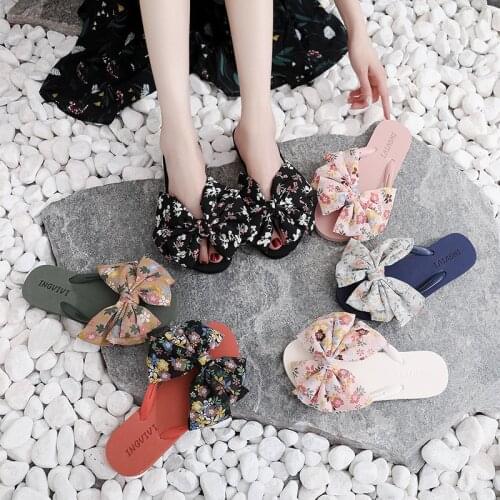 Womens Summer Slippers Casual Flower Bow Shoes Women Fashion Flip flops Rome Flat Non-Slip Slides Sweet Peep Toe Beach Slippers