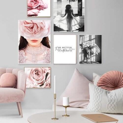 Scandinavian Fashion Girl Canvas Painting Nordic Poster Pink Flower Pop Art Print Decoration Wall Pictures for Living Room Decor