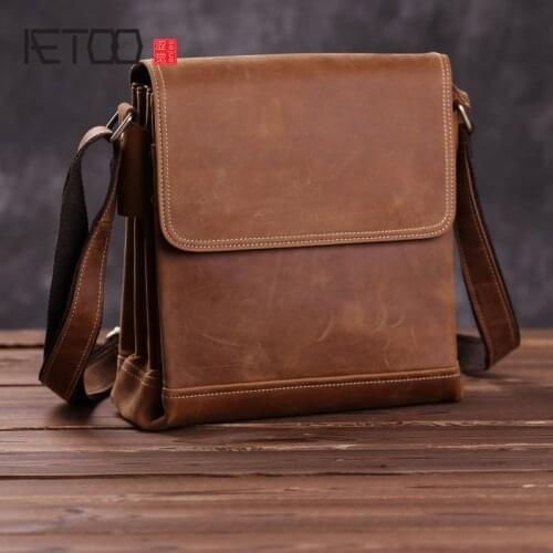 AETOO Top layer cowhide shoulder bag, crazy horse leather business casual leather mens bag, retro casual messenger bag