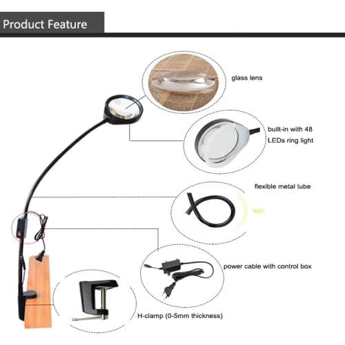 LED Desk Magnifying Lamp Architect Task Magnifier Lamp 10X Lens Metal Long Arm Dimmable Table Lamp with Clamp Black