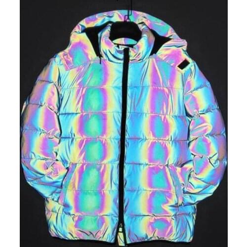 Rainbow color reflective winter jacket men women warm thick hooded coat nightclub colorful reflective jackets DJ stage costume