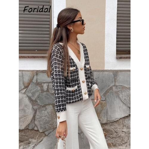 Foridol Oversize Knit Plaid Vintage Cardigans Sweater Autumn Winter Thick White Black Casual Loose Cardigan Pearl Button