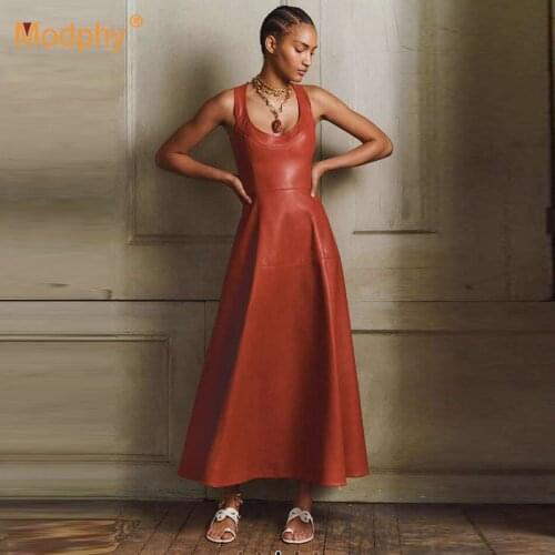 High Quality Fashion Leather A-line PU Dress Vestidos Sexy Sleeveless O-shaped Spaghetti Strap Club Party 2020 Autumn New