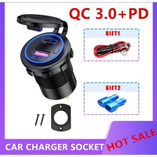 QC 3.0+PD USB Charger with Switch Socket Power Outlet Adapter Waterproof Cigarette Lighter For 12V 24V Car Truck Boat RV Motor