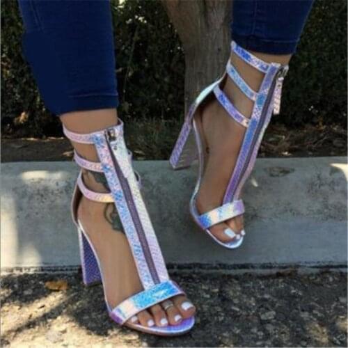 Women sandals PU Slip On 11.5CM Square heel High heels Round Toe Shallow women shoes sandalias mujer 2020 size 35-42 Multicolor