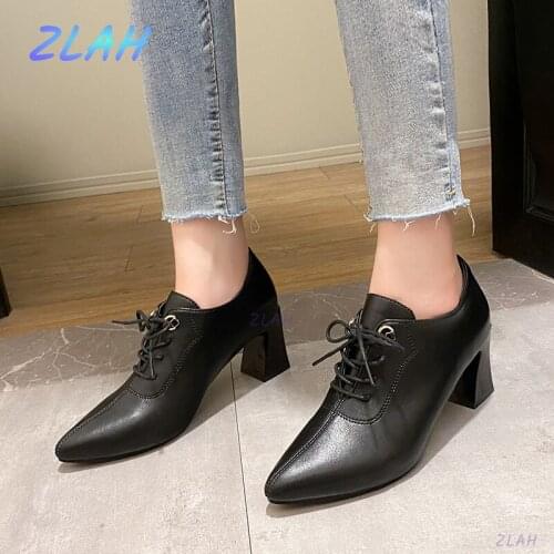 New Fashion Pu Leather Womens High-heeled Shoes Zlah Pointed Toe Thick with Cross Lace-up Square Heel Women Casual Shoes Pumps