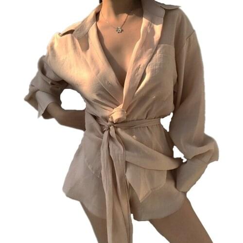 2019 Brand New Sashes Belted Long Shirt+ Shorts Womens Sexy 2 Pieces Set V-neck Loose Casual Summer Streetwear Chemise Camisa