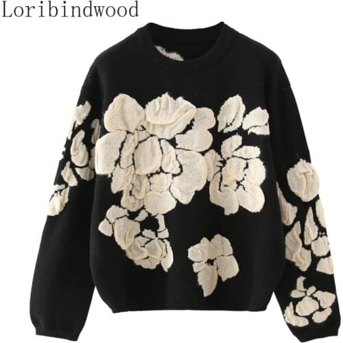 2020 Autumn Winter Floral Print Sweater Women Knitted Pullover Femme Sweaters High Quality Knitted Oversize black Sweater Jumper