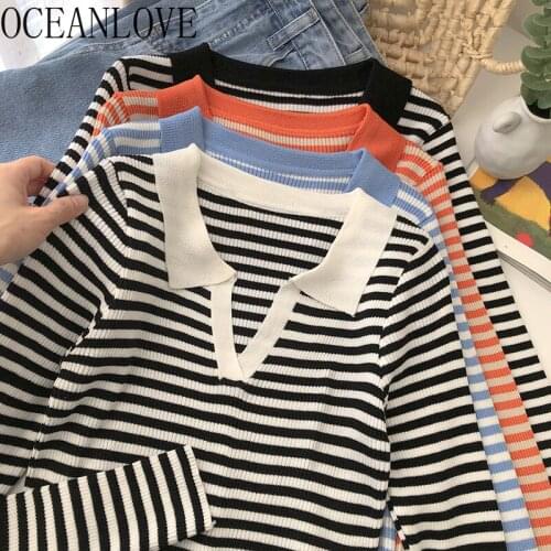 OCEANLOVE Striped Women Pullovers V Neck Preppy Style Vintage Slim Sweet Short Sweaters Autumn Winter Casual Pull Femme