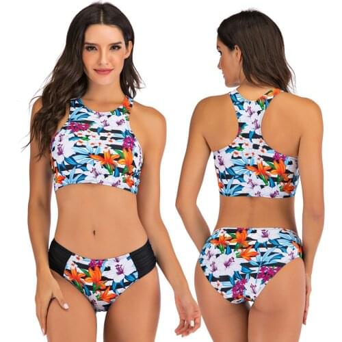Womens Sport Two Piece Swimsuit Workout Low Scoop Crop Top Bikini Triangle Bottom Bathing Suit Racerback Swimwear Beachwear