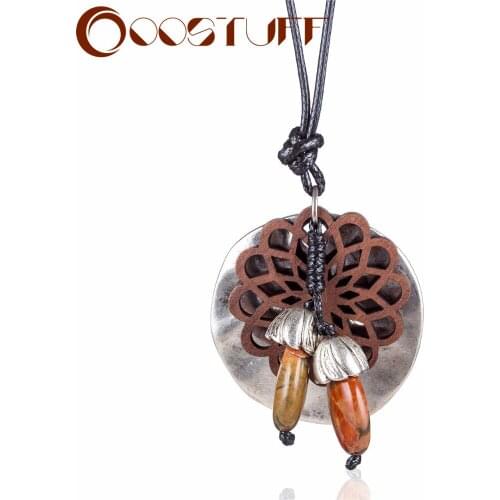 Womens Wooden Flower Jewelry Necklace Vintage Statement Necklaces&Pendants Handmade Wholesale Long Chain Suspension Accessories