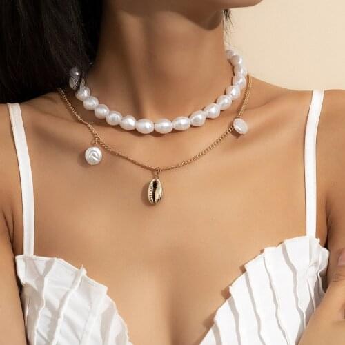 DIEZI Korean Double Layer Chain Necklace Wedding Girls Fashion Baroque Imitation Pearl Shell Pendant Necklaces For Women Jewelry