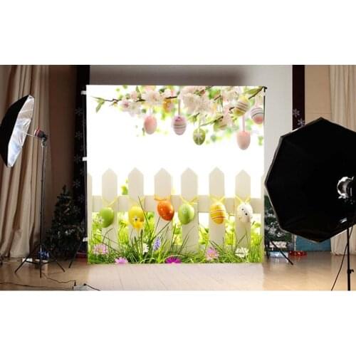 3x5ft Easter Backdrops Eggs White Fence Grass Easter Colorful Eggs Pink Flowers Tree Children Backgrounds for Photo Studio Props