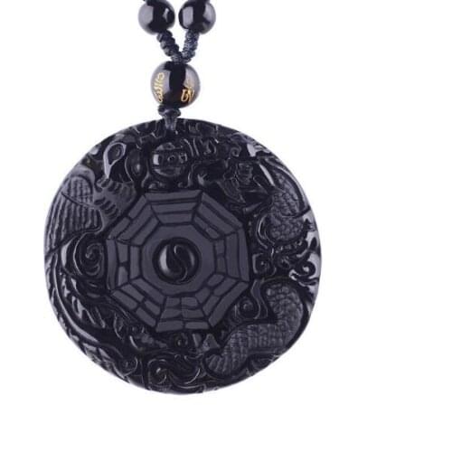 Amulets And Talismans Natural Black Obsidian Necklaces & Pendants Carved Chinese Yin Yang Bagua Zhen Dragon Phoenix