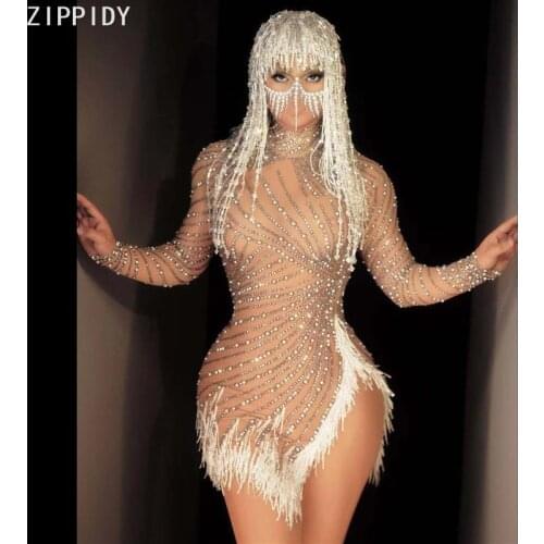 White Tassel Silver Stones Pearls Spandex Dress Birthday Celebrate High Collar MINI Dress Female Singer Show Slit Dress