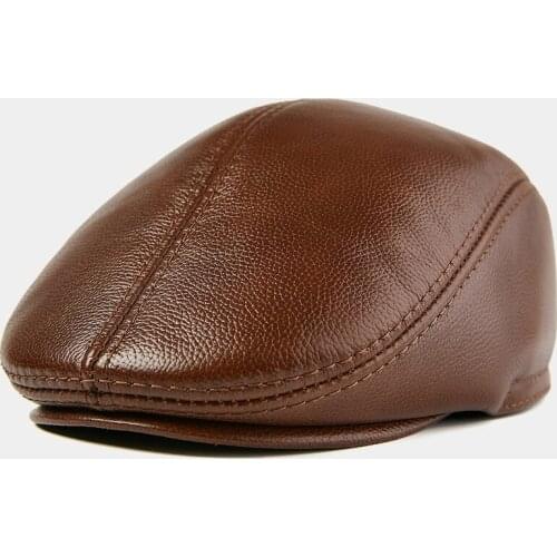 H7594 Genuine Leather Beret Hat Men Middle-aged Cowhide Warm Forward Berets Cap Male Autumn Winter Protection Ear Anti-cold Caps