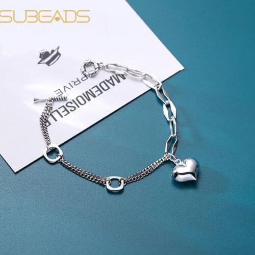 Subeads 925 Sterling Silver Love Heart Charms Bracelet For Women Girls Simple Double Layer Asymmetry Chain Bracelet Fine Jewelry