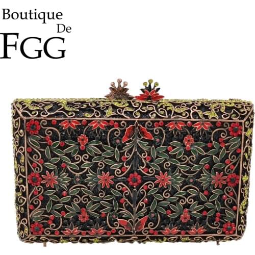 Boutique De FGG Vintage Women Crystal Evening Bags Metal Hard Case Box Clutch Diamond Minaudiere Wedding Handbag Bridal Purse