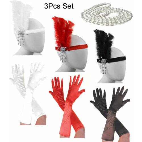 FLAPPER 3PC SET HEADBAND PEARLS NECKLACE GLOVES FANCY DRESS CHARLESTON COSTUME