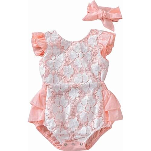 2Pcs Baby Newborn Girls Flying Sleeve Romper Bow Knot Headband Lace Summer Ruffle Princess Rompers Jumpsuits 0-24M