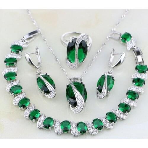 925 Sterling Silver Jewelry Green Cubic Zirconia White CZ Jewelry Sets For Women Wedding Earring/Pendant/Necklace/Bracelet/Ring