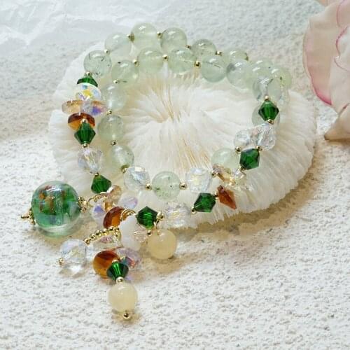 Summer Ethnic Double Circles Green Prehnite Beads Flower Shell Crystal Beaded Strand Bracelets for Women Fashion Jewelry YBR372