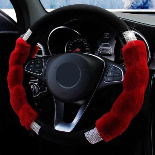 Personality Rhinestones Crystal Car Steering Wheel Cover Short Plush Winter Warm Steering-Cover Bling Car Accessories Interior