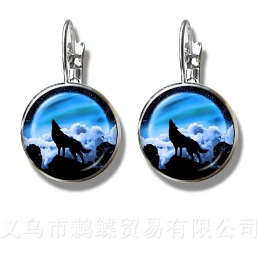 Fashion Silver Plated Stud Earrings Wolf Head Pattern Glass Metal Buckle Punk Jewelry 16mm Glass Dome Earrings Charm For Women