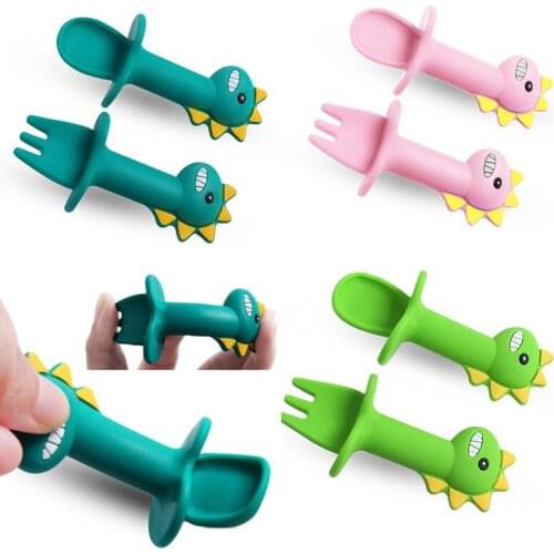 BPA Free Baby Spoon and Fork Set Silicone Training Spoon Feeding Tableware For Newborn Cartoon Food Grade Teether