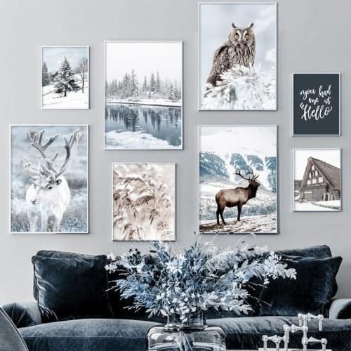 Nordic Wall Art Canvas Painting Winter Snow Mountain Deer Owl Forest River Prints and Posters Picture Living Room Decoration