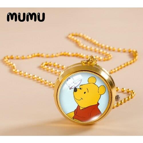 2021 New Winnie the Pooh Pocket Watch Necklace Bear Love Honey Gold Color Vintage Watch Glass Dome Pendant Jewelry Gifts