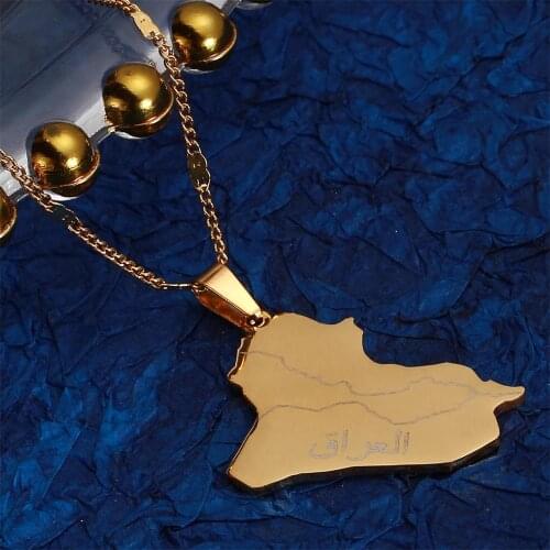 Stainless Steel Gold Color Allah Name Iraq Map Pendant Necklaces Map Of Iraq Charm Jewelry