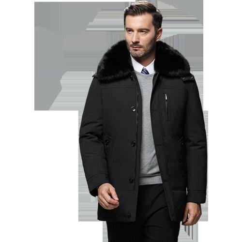 Middle-aged MENS Coat Thick Warm Genuine Fur Collar Jacket Daddy Clothes Mens down Jacket Deconstructable Collar