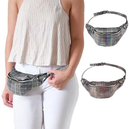 Womens PU Waist Bag Chain Fanny Pack Ladies Check Pattern Belt Bags Travel Mobile Phone Key Pouch Small Purse Girls Fashion