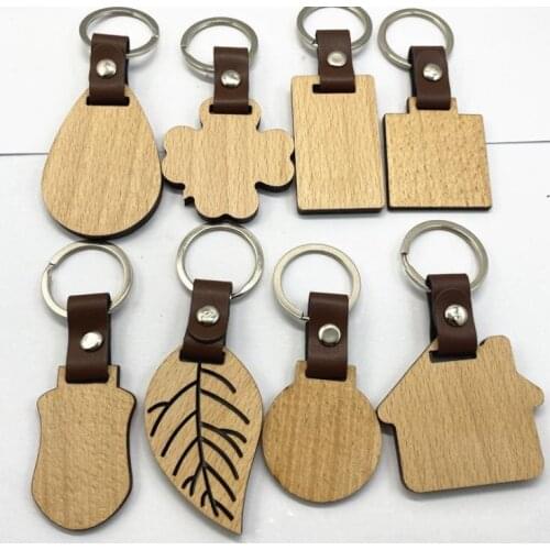 10 Styles Beech Keychain Personalized Wooden Leather Keychains Bag Decoration DIY Key Chain Thanksgiving Gift SN1600