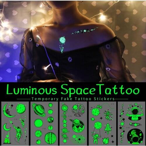 Rocooart Cartoon Space Man Planet Tattoo For Children Glowing Dark Taty Waterproof Body Art Fake Tatoo Luminous Tattoo Stickers