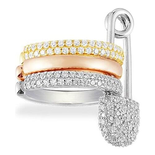 SOELLE Fashion 925 Sterling Silver Rose Gold 3 Tones Single Safety Pin Ear Bone Cuff Sliding Zircon Clip Earring 1pc for Women