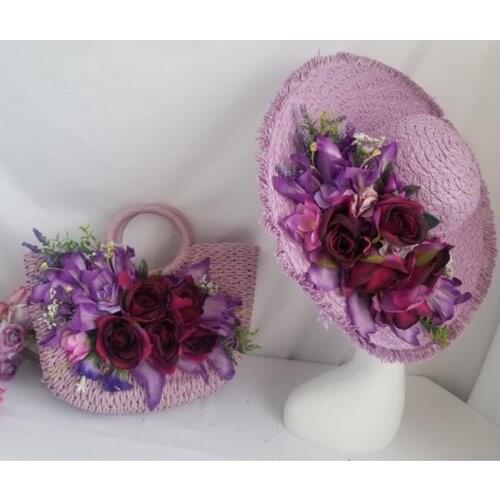 Woman Straw Bag Round Handle Rattan Bags Purple Handmade Flowers Summer Totes Woven Beach Girls Travel Handbags With Hat 2021