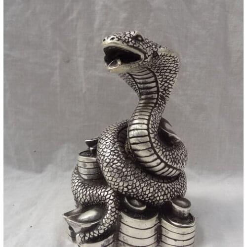 SCY S0608 Chinese Silver Year Zodiac Sculpture Wealth Snake Head On Coin YuanBao Statue