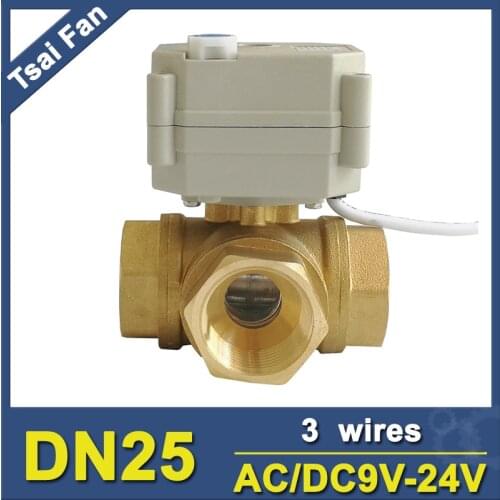 TF25-BH3-B Brass 1'' T/L Type 3 Way Horizontal DN25 Electric Ball Valve With Manual AC/DC9V-24V 3 Wires For Flow Control