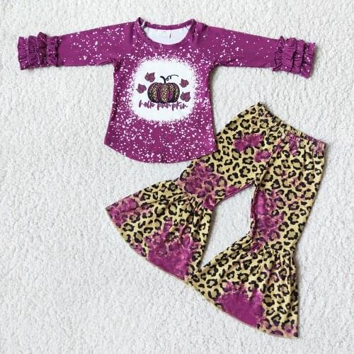 Tie-Dye Craft Girl Fuchsia Long Sleeve Top And Leopard Flare Pants Fashion Kids Pumpkin Outfit For Halloween With Icing Ruffle