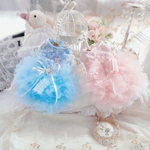 Handmade High End Luxury Princess Dog Dress Pet Clothes Pearl Ribbon Bow Tulle Tutu Many Layers Skirt Bright Colors Yorkie