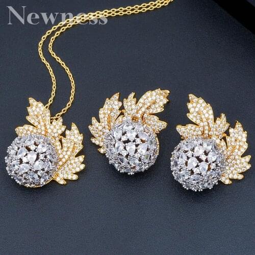 Newness Luxury Famous Flower Copper 2PCS NECKLACE EARRING Sets For Women Accessories Full Cubic Zirconia Earrings Jewelry