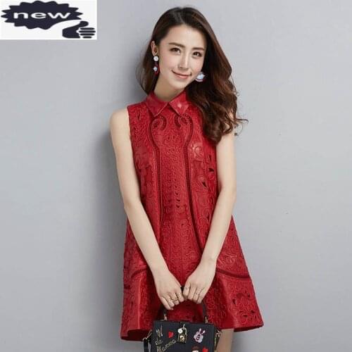 High Street Women 2021 New Fashion Embroidery Party Dresses Genuine Leather Top Quality Brand Female Robe Femme Sleeveless Dress